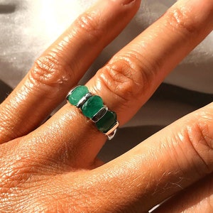 Genuine Real Emerald 3 Stone Sterling Silver Ring