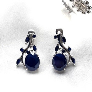 Genuine Blue Sapphire Large Leaf Motif Silver Earrings