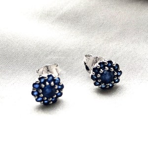 Genuine Blue Sapphire Cluster Flower Earrings