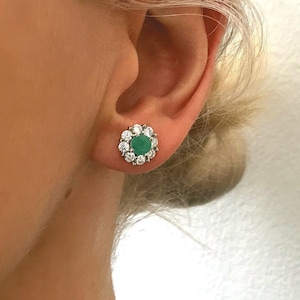 Genuine Natural Emerald & Topaz 3D Flower Silver Stud Earrings