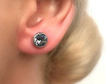 Stainless Steel Bezel-Set Round Circle Stud Earrings with Amethyst Stellux Crystals pair Stainless Steel Bezel-Set Round Circle Stud Earrings with Amethyst Stellux Crystals pair