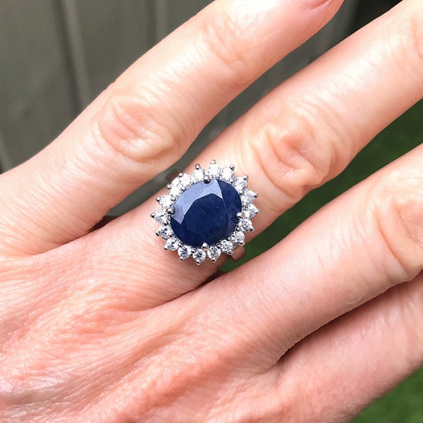 Genuine Natural Sapphire Diana Style Halo Silver Ring