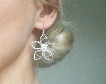 Silver Wired Flower Drop Earrings