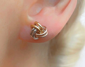 Sterling Silver 925 Infinity 3 Tone Love knot Tri Gold Plated Knot Stud Earrings