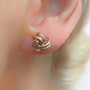 Sterling Silver 925 Infinity 3 Tone Love knot Tri Gold Plated Knot Stud Earrings