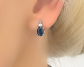 Genuine Natural Blue Sapphire Oval Stud Earrings with Top Soliaire White Topaz
