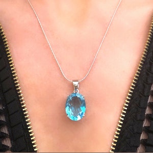 Genuine Natural Blue Topaz Large Oval Pendant Necklace