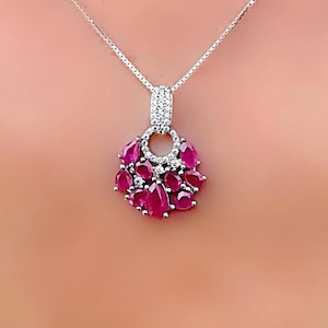 Genuine Ruby Teardrop Cut Cluster Silver Pendant Necklace