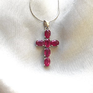 Genuine Natural Ruby Cross 925 Silver Pendant Necklace