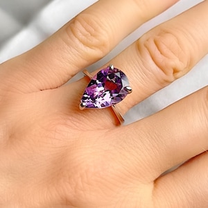 Genuine Amethyst Teardrop Pear Shaped Silver Ring