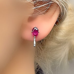 Genuine Oval Ruby and White Topaz Tail Silver Earrings