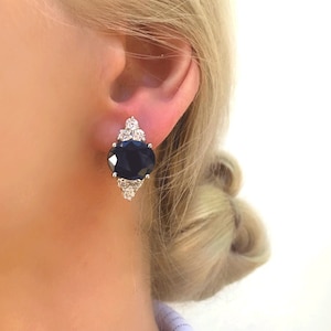 Midnight Blue Sapphire Oval Silver Stud Earrings