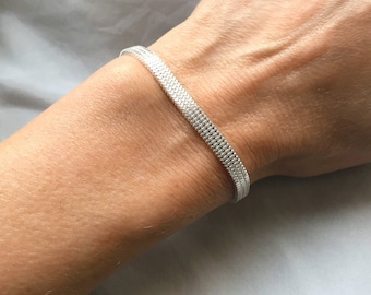 Sterling Silver 925 Woven Mesh Slider Bracelet