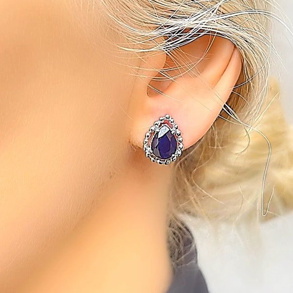 Genuine Sapphire Teardrop Pear Shape Cut Out Silver Stud Earrings