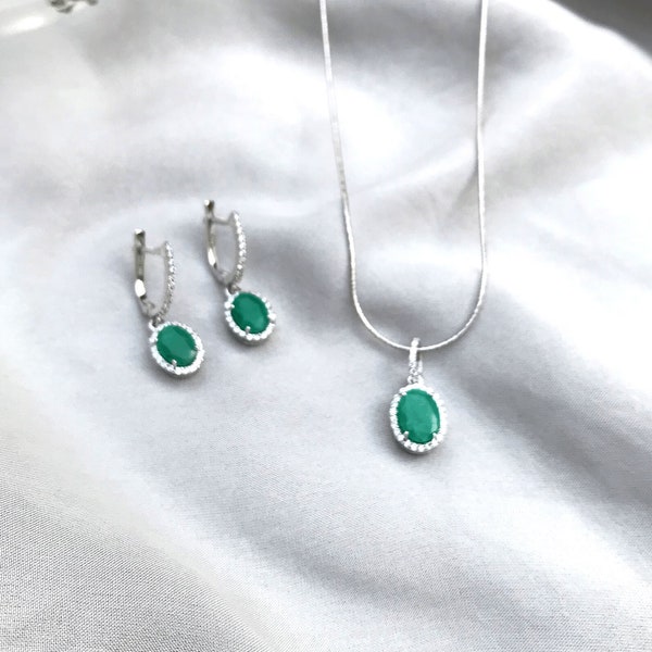 Genuine Natural Emerald Halo Oval Silver Set Pendant and Drop Earrings