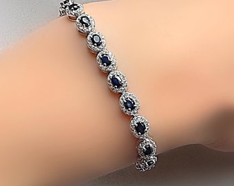 Genuine Sapphire Halo Oval Cut Adjustable Slider Silver Bracelet