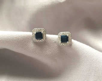 Genuine Sapphire and Topaz Square Silver Stud Earrings