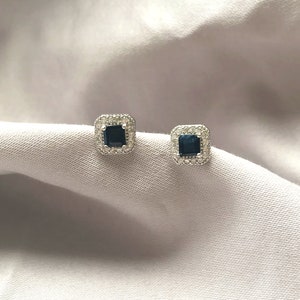 Genuine Sapphire and Topaz Square Silver Stud Earrings