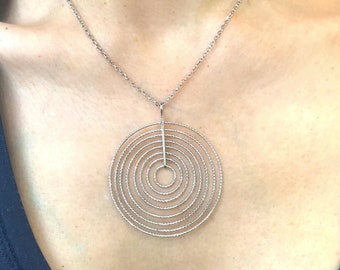 Sterling Silver 925 Platinum Finish Diamond Cut Round Circles Pendant Necklace