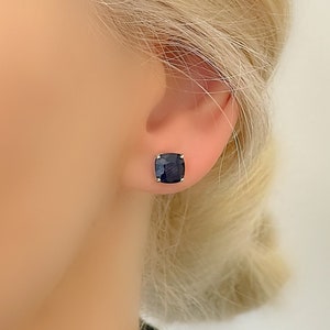 Genuine Sapphire Princess Cut 7 mm Square Stud Silver Earrings