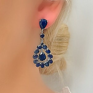 Genuine Blue Sapphire Pear Shaped Teardrop Silver Dangle Drop Earrings