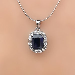 Genuine Sapphire Square Cut Octagon Silver Pendant Necklace
