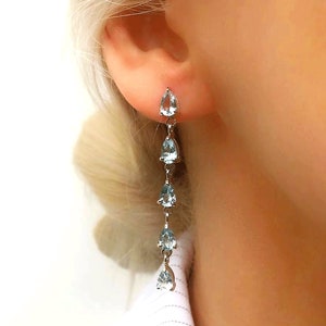Genuine Sky Blue Topaz 5 Teardrop Dangle Long Drop Silver Earrings