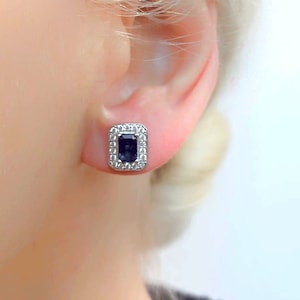 Genuine Blue Sapphire and White Topaz Rectangle Square Cut Silver Stud Earrings