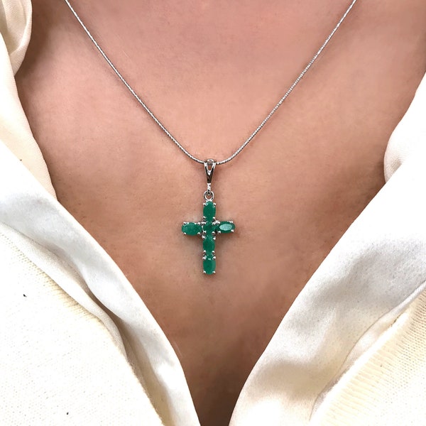 Genuine Emerald Vatican Cross Silver Pendant Necklace