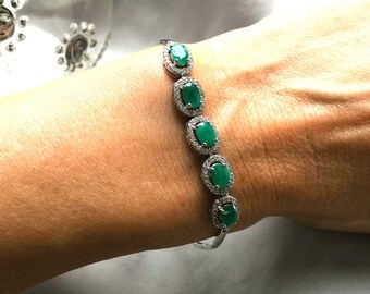 Genuine Emerald 5 Stone Oval Halo Silver Bracelet