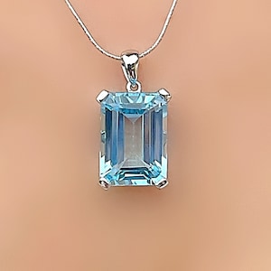 Genuine Large Blue Topaz Emerald Cut Octagon Silver Pendant Necklace