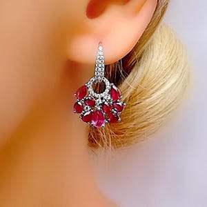 Genuine Ruby Teardrop Cut Cluster Fan Shape Dangle Drop Silver Earrings