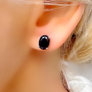 Genuine Sapphire Oval Solitaire 6x8 mm Silver Stud Earrings