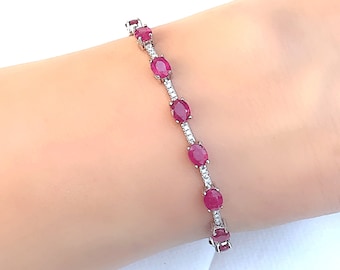 Genuine Ruby Gemstones & Topaz Intersecting Tennis Silver Bracelet