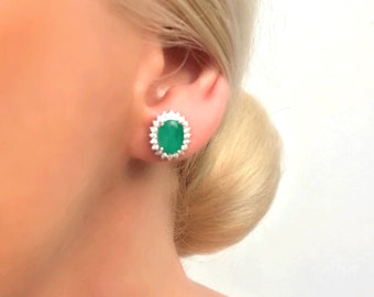 Genuine Emerald Oval Halo Silver Stud Earrings