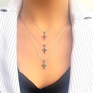Genuine Ruby Emerald or Sapphire Mini Cross Silver Pendants