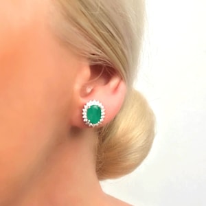 Genuine Emerald Oval Halo Silver Stud Earrings