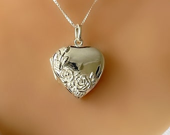 Sterling Silver 925 Embossed Rose Design Heart Locket Keepsake Pendant