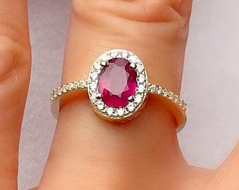 Echter Rubin Halo Gold Vermeil Silber Oval Ring