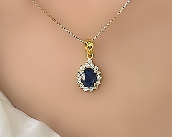 Genuine Sapphire Diana 18 Carat Gold Vermeil Silver Pendant Necklace