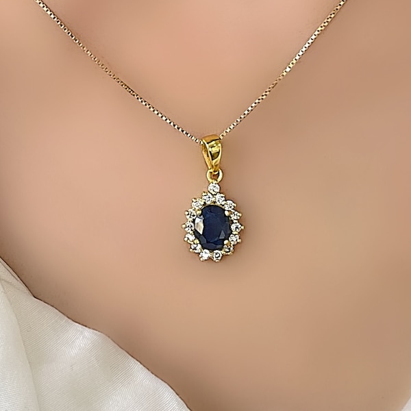 Genuine Sapphire Diana 18 Carat Gold Vermeil Silver Pendant Necklace