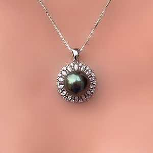 Natural Black Large Pearl and Topaz Silver Halo Pendant