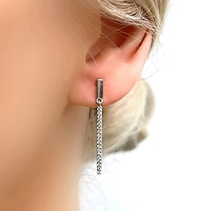 Genuine White Topaz Long Bar Dangle Drop Silver Earrings