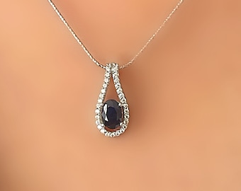 Genuine Sapphire Cut Out Pear Shaped Silver Pendant Necklace September Birthstone