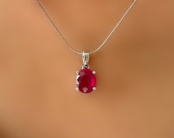 Genuine Ruby Oval 8 x 10 Plain Silver Solitaire Pendant Necklace