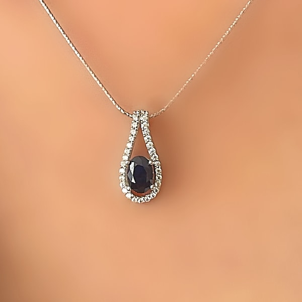 Genuine Sapphire Cut Out Pear Shaped Silver Pendant Necklace September Birthstone