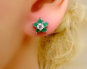 Genuine Emerald Flower Silver Stud Earrings