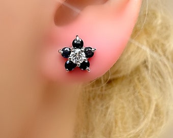 Genuine Sapphire Flower Silver Stud Earrings