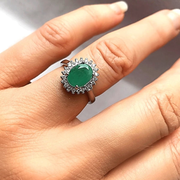 Genuine Emerald Halo Oval Diana Cocktail Silver Ring