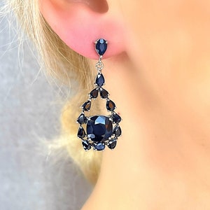 Genuine Blue Sapphire Pear Shape Dangle Drop Silver Earrings